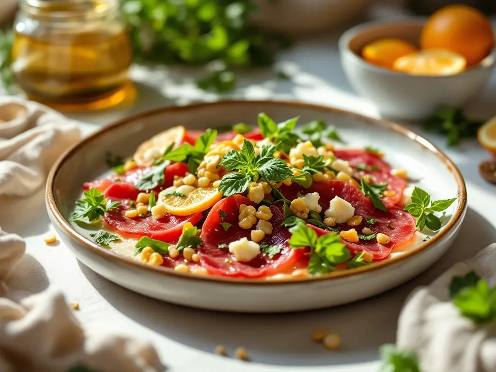 Rote-Bete-Carpaccio mit Walnüssen, Rucola und Orangenvinaigrette