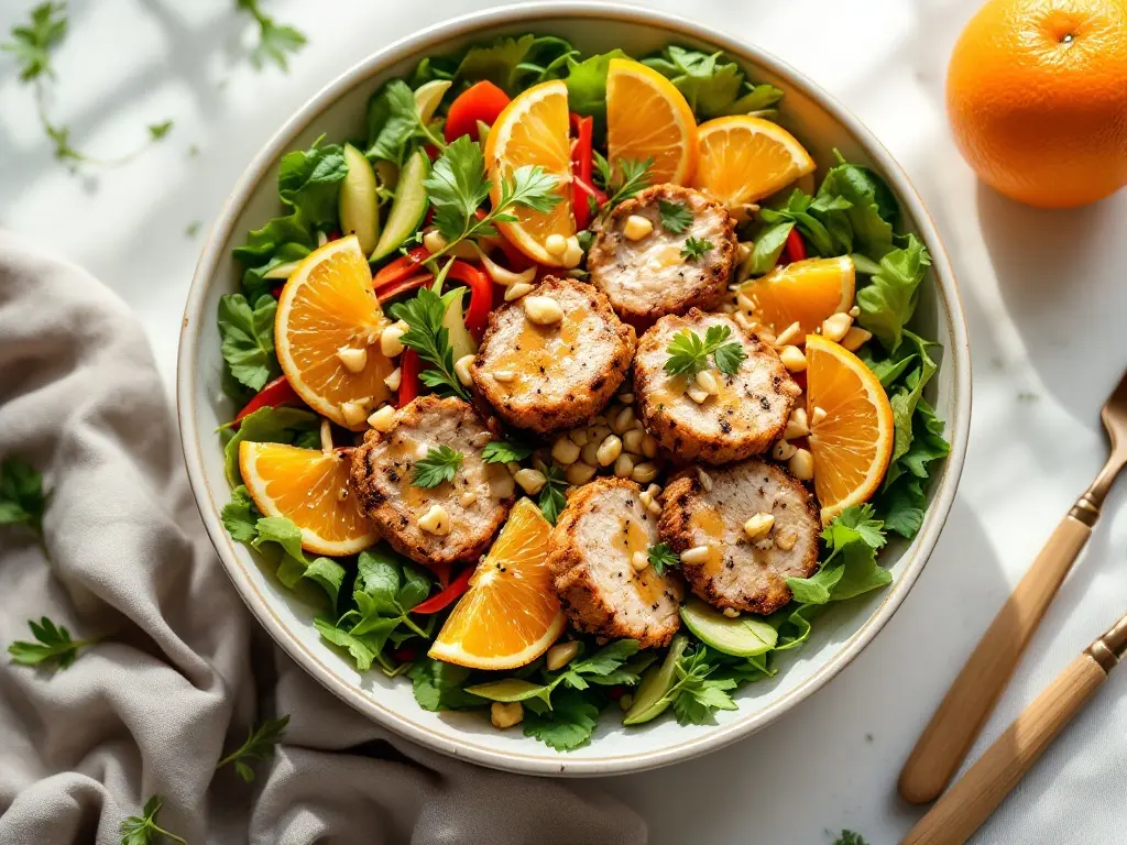 Protein-Bowl mit Kurkuma-Hähnchen, roten Linsen und Kokos-Orangen-Dressing