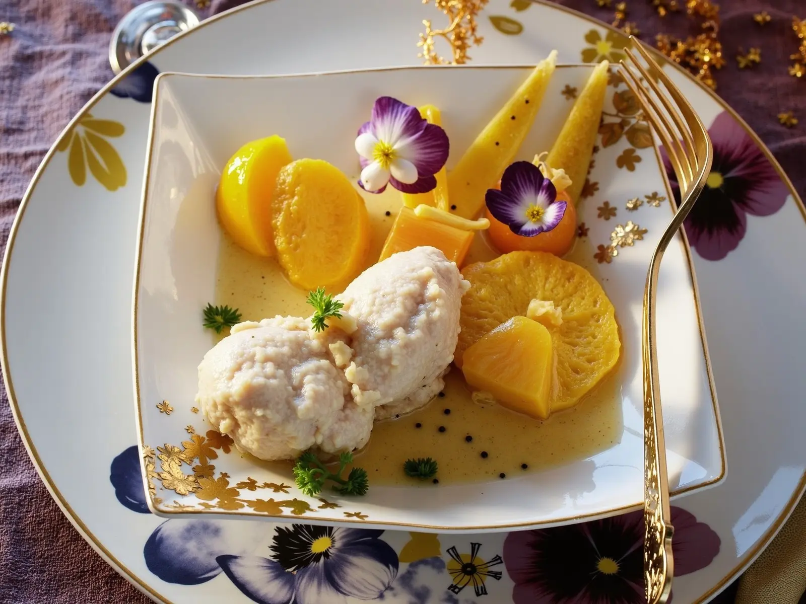 Seeteufelfilet auf buntem Gemüsebett mit Kokos-Curry-Schaum