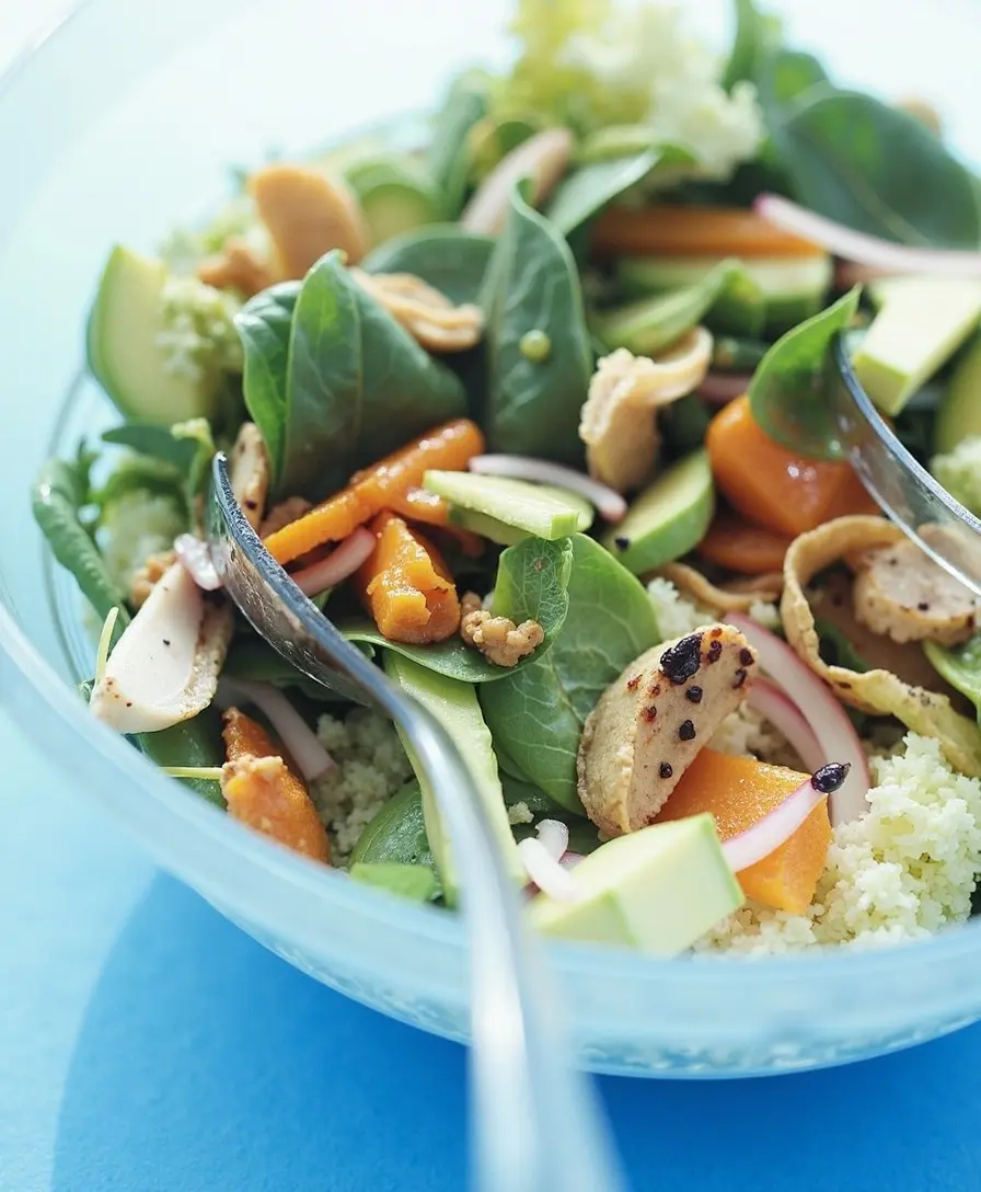 Spinat-Papaya-Salat mit gebratenem Hähnchen und karamellisierten Fenchelsamen