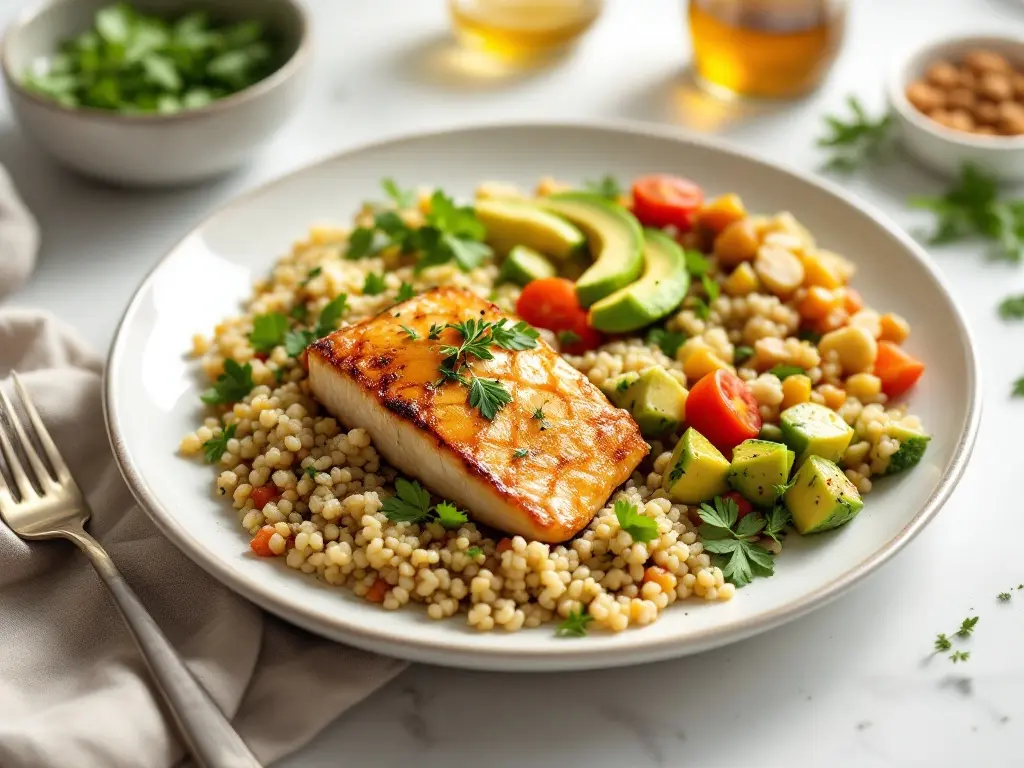 Ofenlachs mit bunter Quinoa, Kichererbsen und Avocado