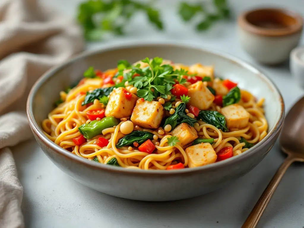 Knuspriger Tofu mit Wok-Gemüse und Reisnudeln