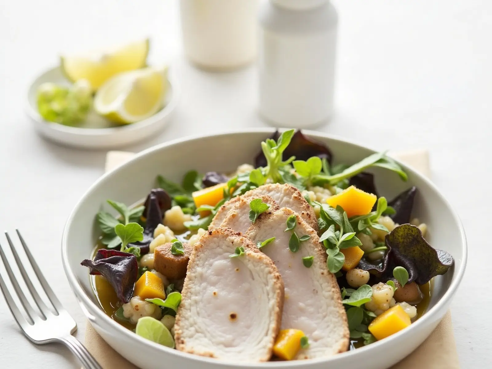 Bunter Hähnchensalat mit Mango, Zuckerschoten und Limetten-Sesam-Dressing