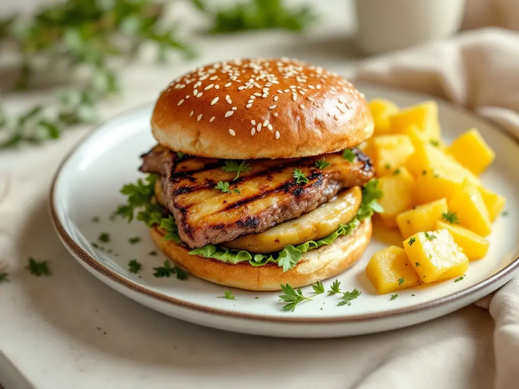 Vollkorn-Burger mit Putenhackfleisch und gegrillter Ananas