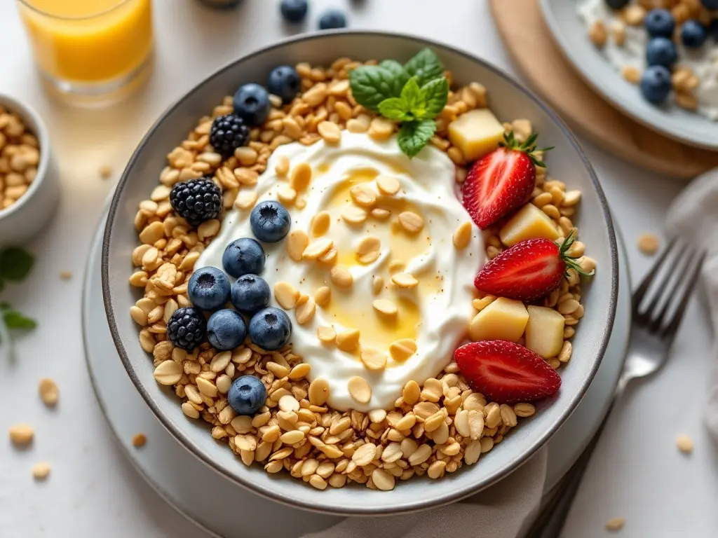 Geröstetes Vollkorn-Knuspermüsli mit frischen Beeren und Joghurt