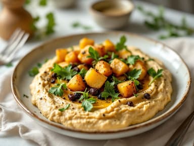 Gebackene Süßkartoffel mit Kurkuma-Hummus und Rucola