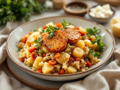 Jackfruit-Gulasch mit Sauerkraut und Kartoffeln