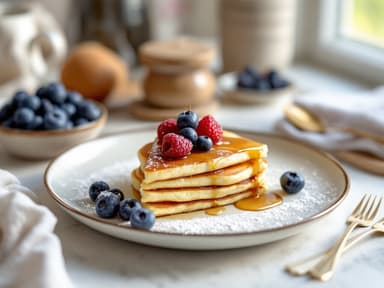 Quark-Pancakes mit Blaubeeren und Ahornsirup