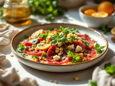 Rote-Bete-Carpaccio mit Walnüssen, Rucola und Orangenvinaigrette