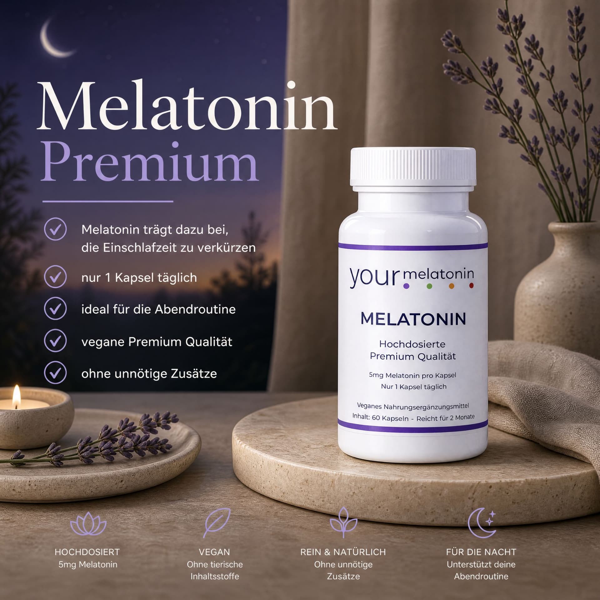 Melatonin 5mg, hochdosiert - 1 Packungen a' 60 Stk = 60 Tage