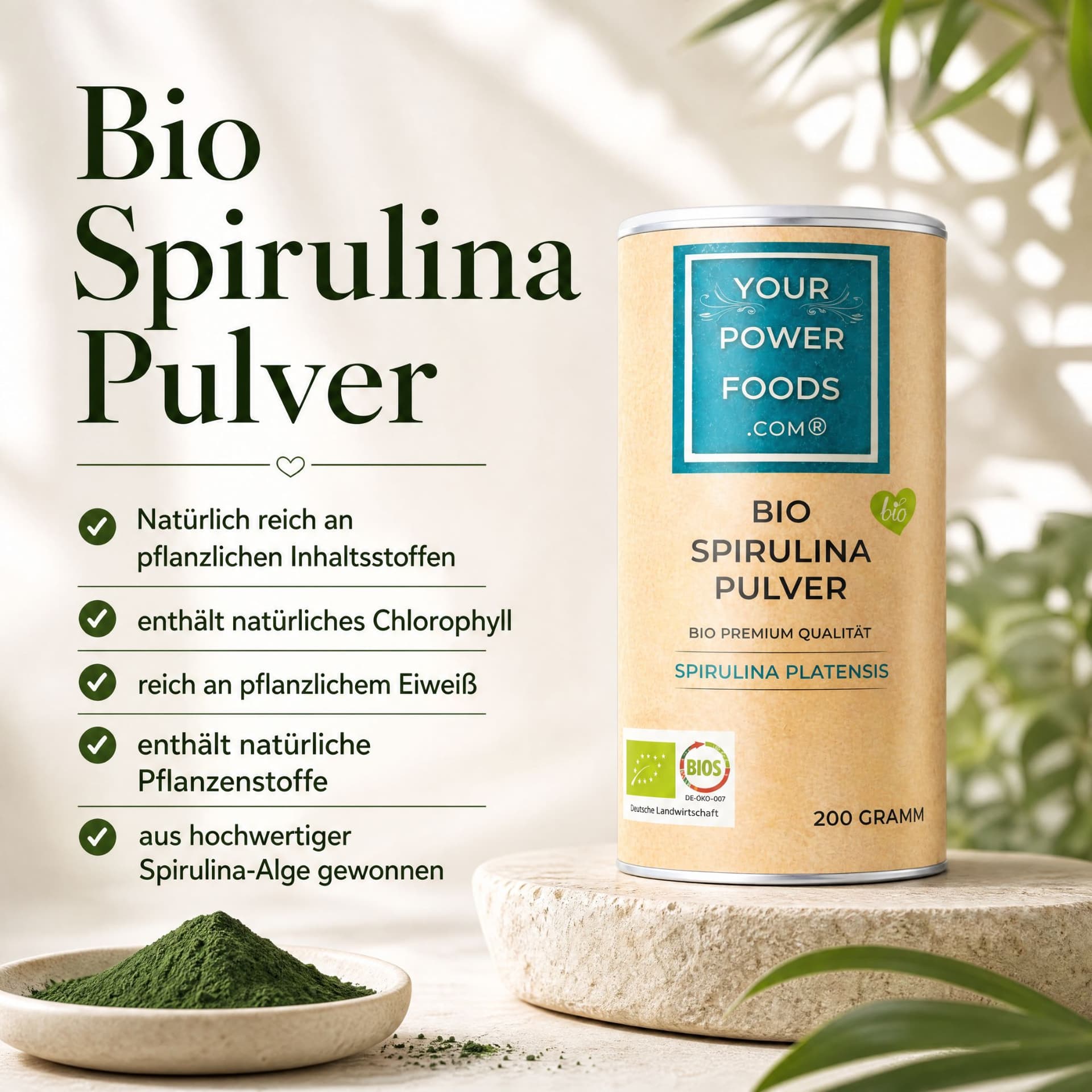 Bio Spirulina Pulver, Premium Qualität, 200g