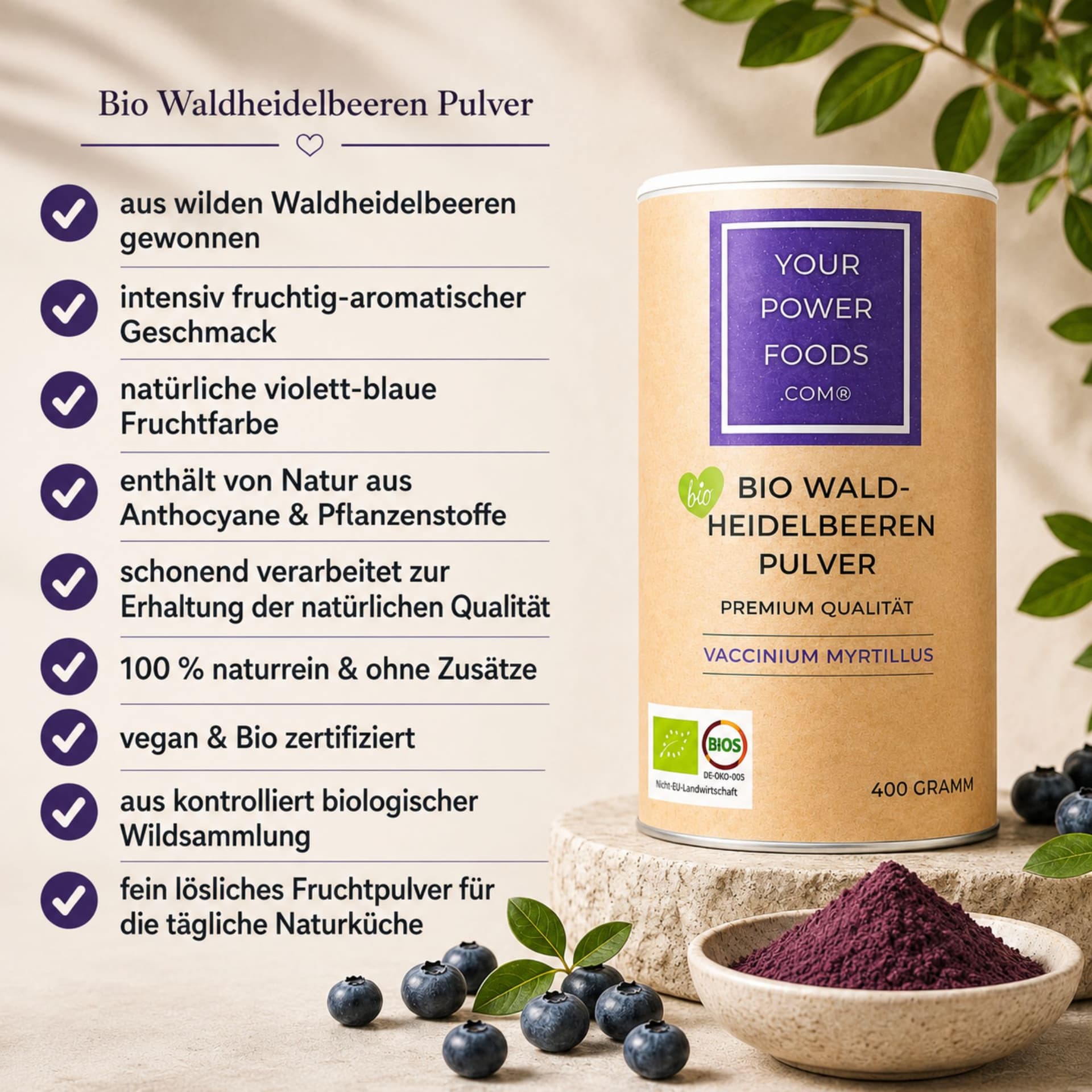 Bio Waldheidelbeeren Pulver, Premium Qualität, 400g