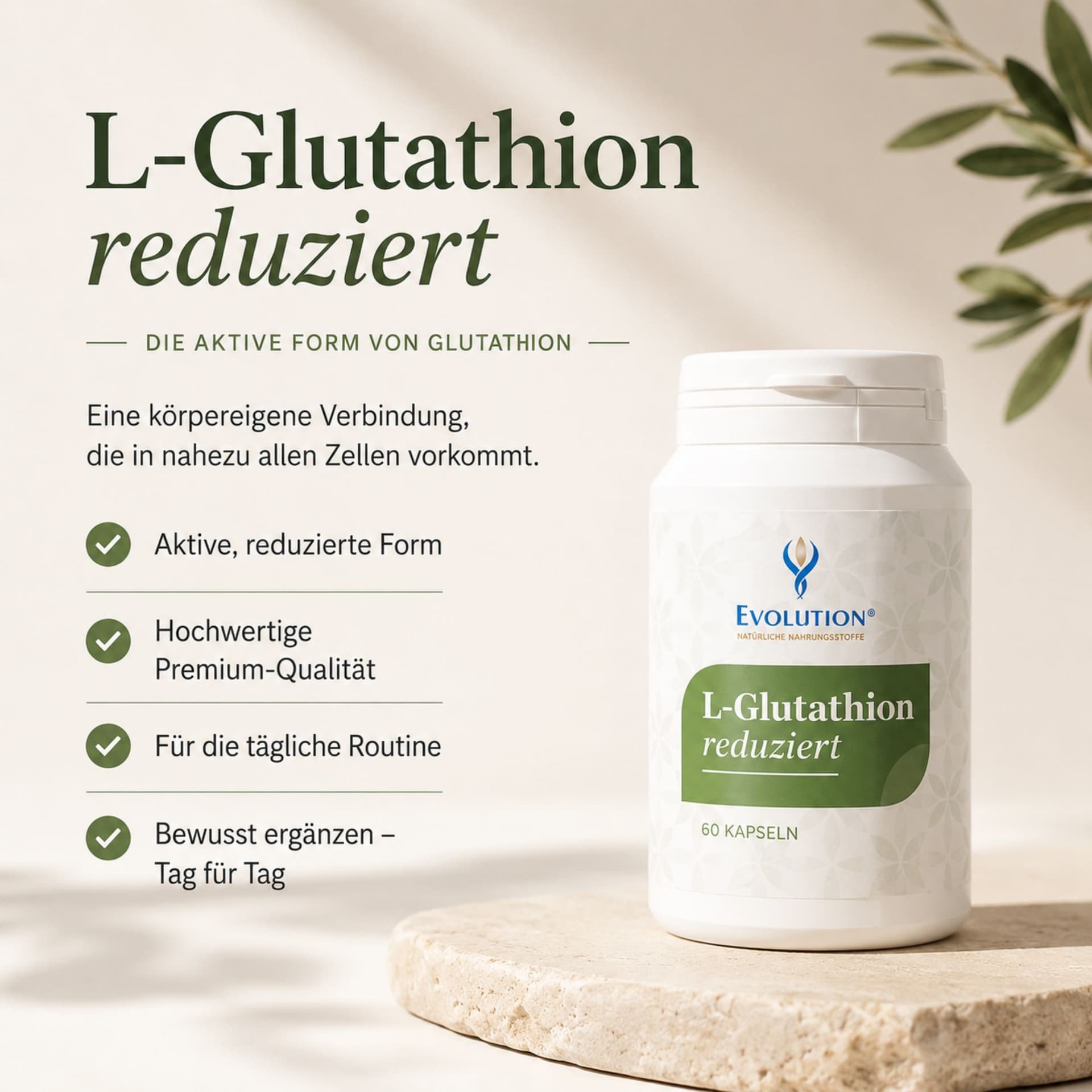 L-Glutathion reduziert 60 Kapseln – Infografik mit weißer Dose und vier grünen Stichpunkten zur aktiven, reduzierten Form