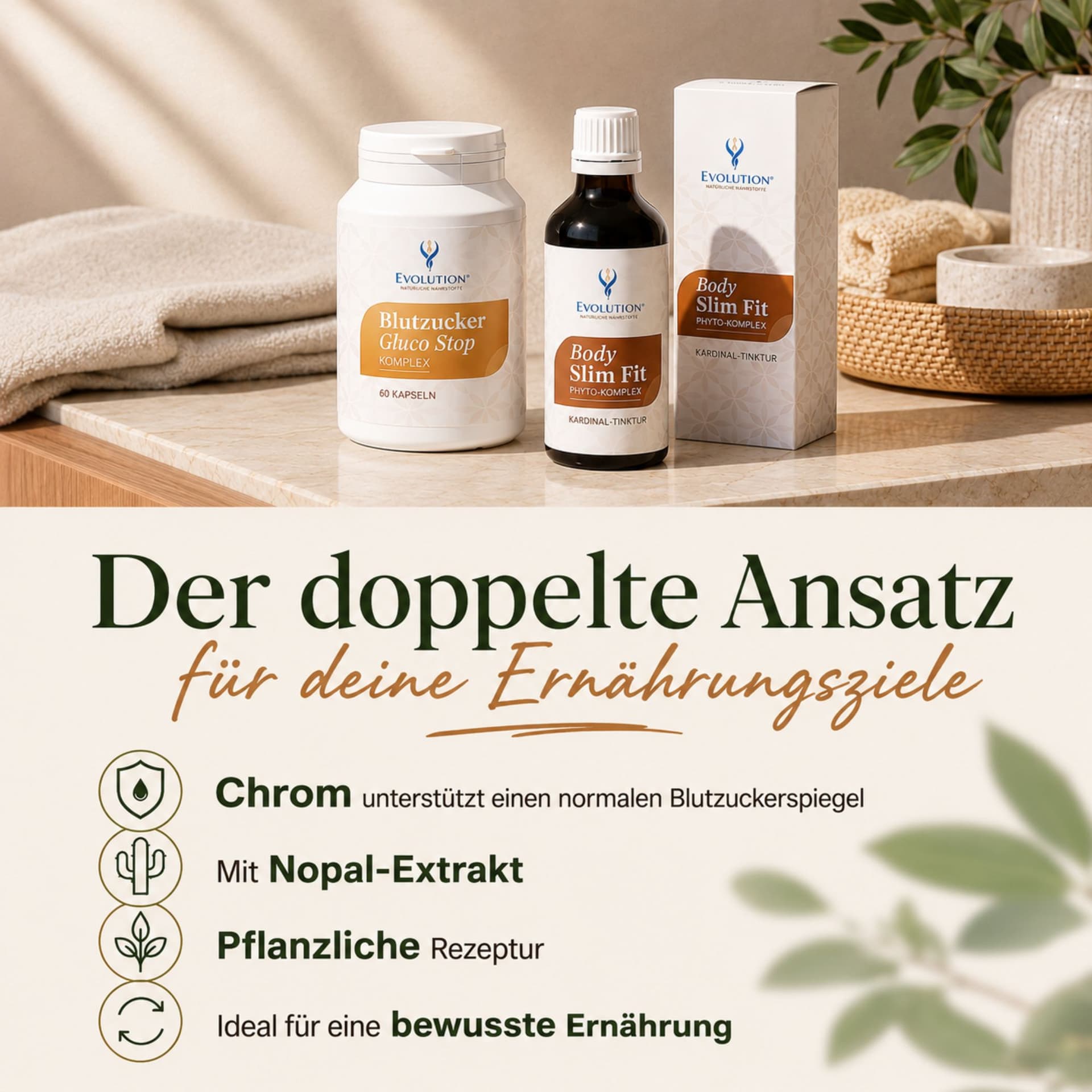 Body Slim Tinktur + Gluco Stop Komplex - Abnehmen leicht gemacht, Set als Infografik mit Bullet Points zu Chrom, Nopal-Extrak