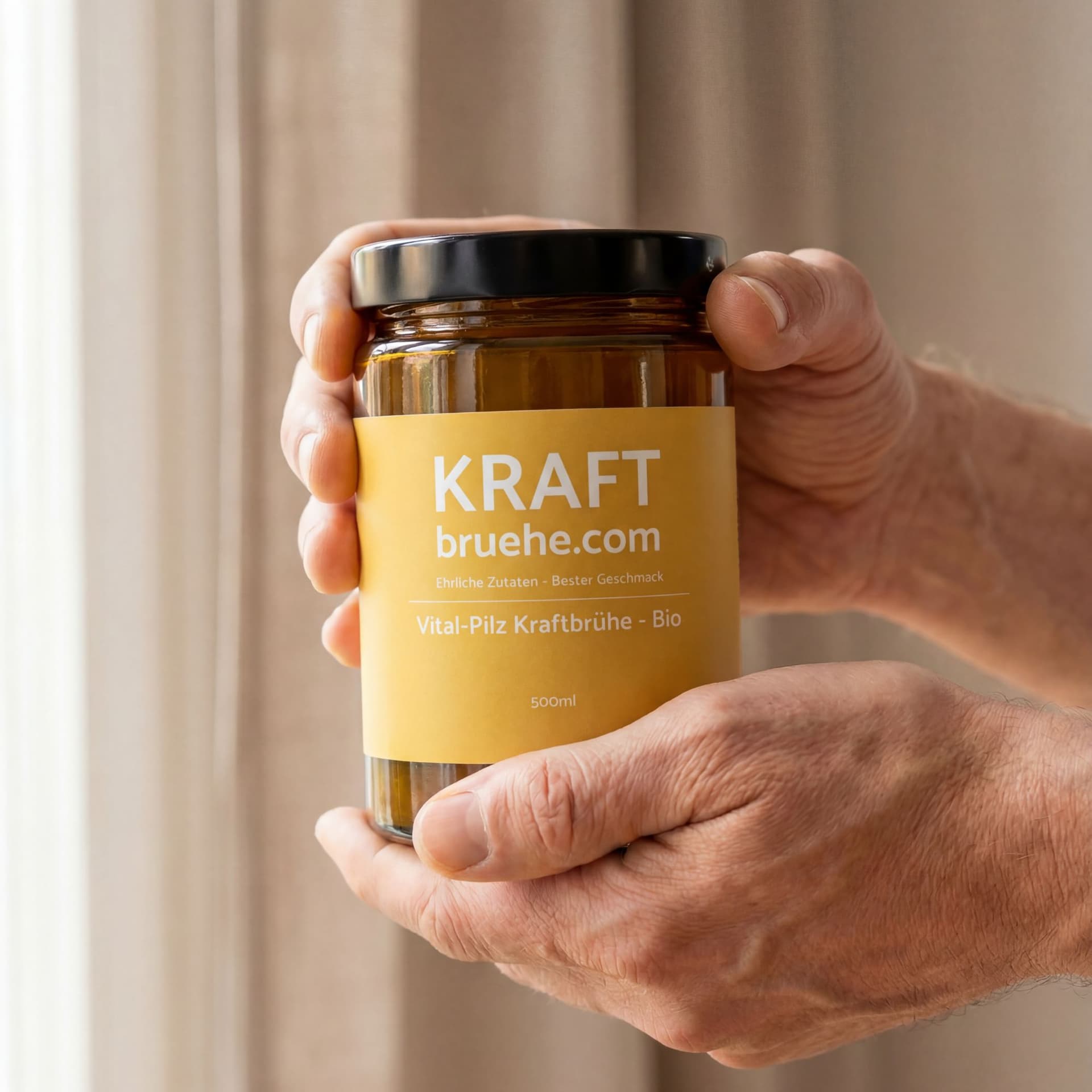 Vitalni gljivi temeljac – sa shiitake gljivama, vegansko, bez glutena, u skladu s propisima, 6 x 500 ml: Staklena posuda u dvije ruke, žuta etiketa