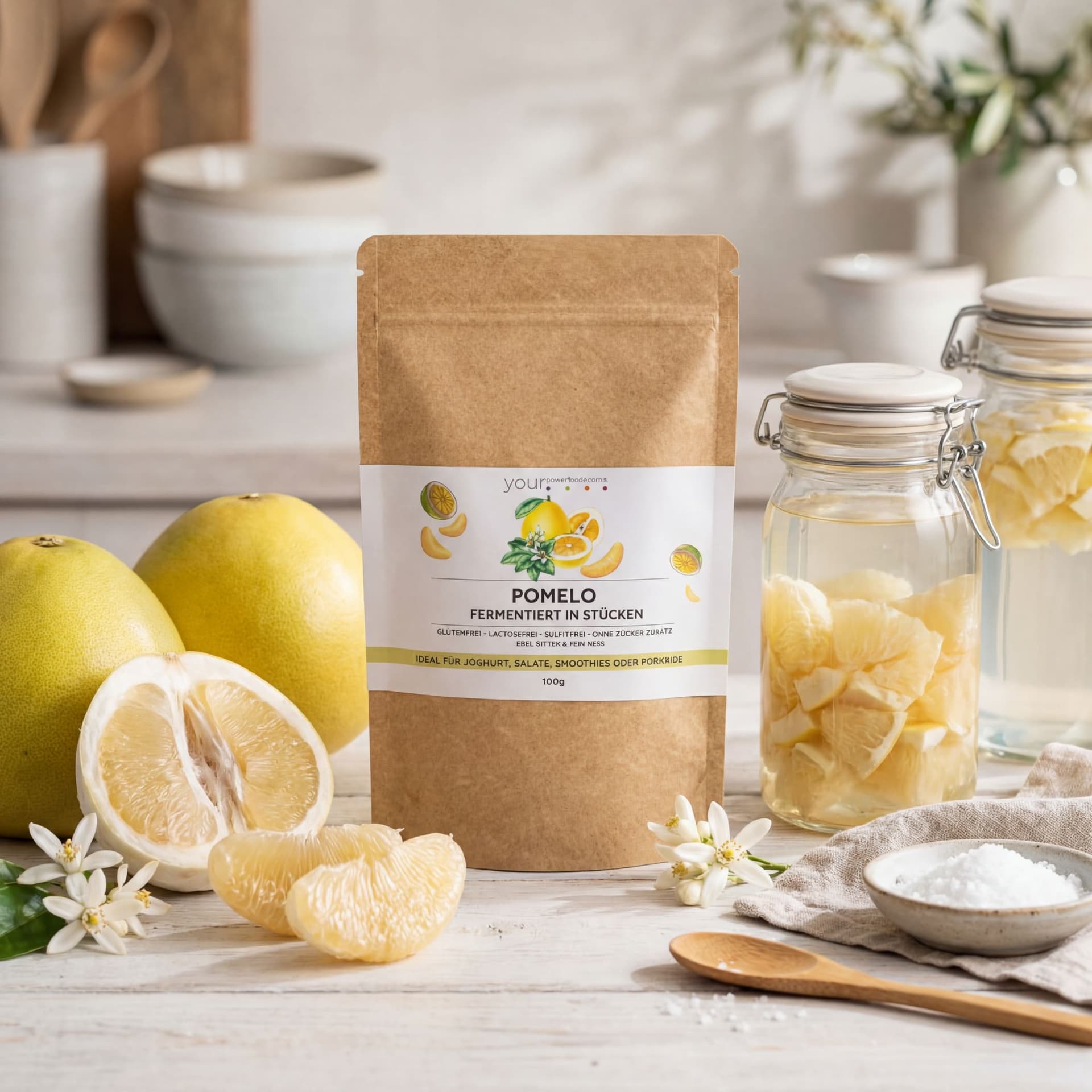Fermentirani pomelo 100 g premium kvalitete – kraft papirna vrećica s naljepnicom, svježi plodovi pomela, staklena posuda s fermentiranim sadržajem