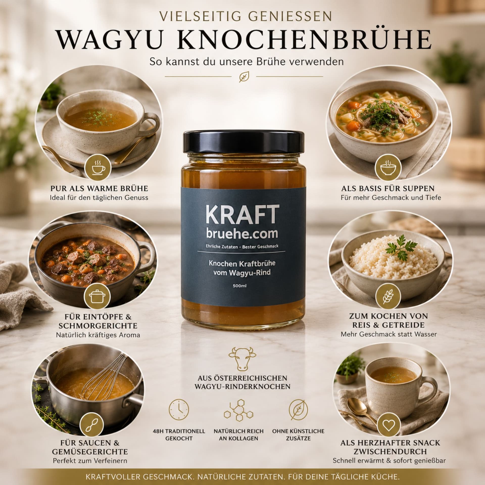 Knochenbrühe vom Wagyu Rind, 12 x 500ml bester Geschmack, Paleo, Keto