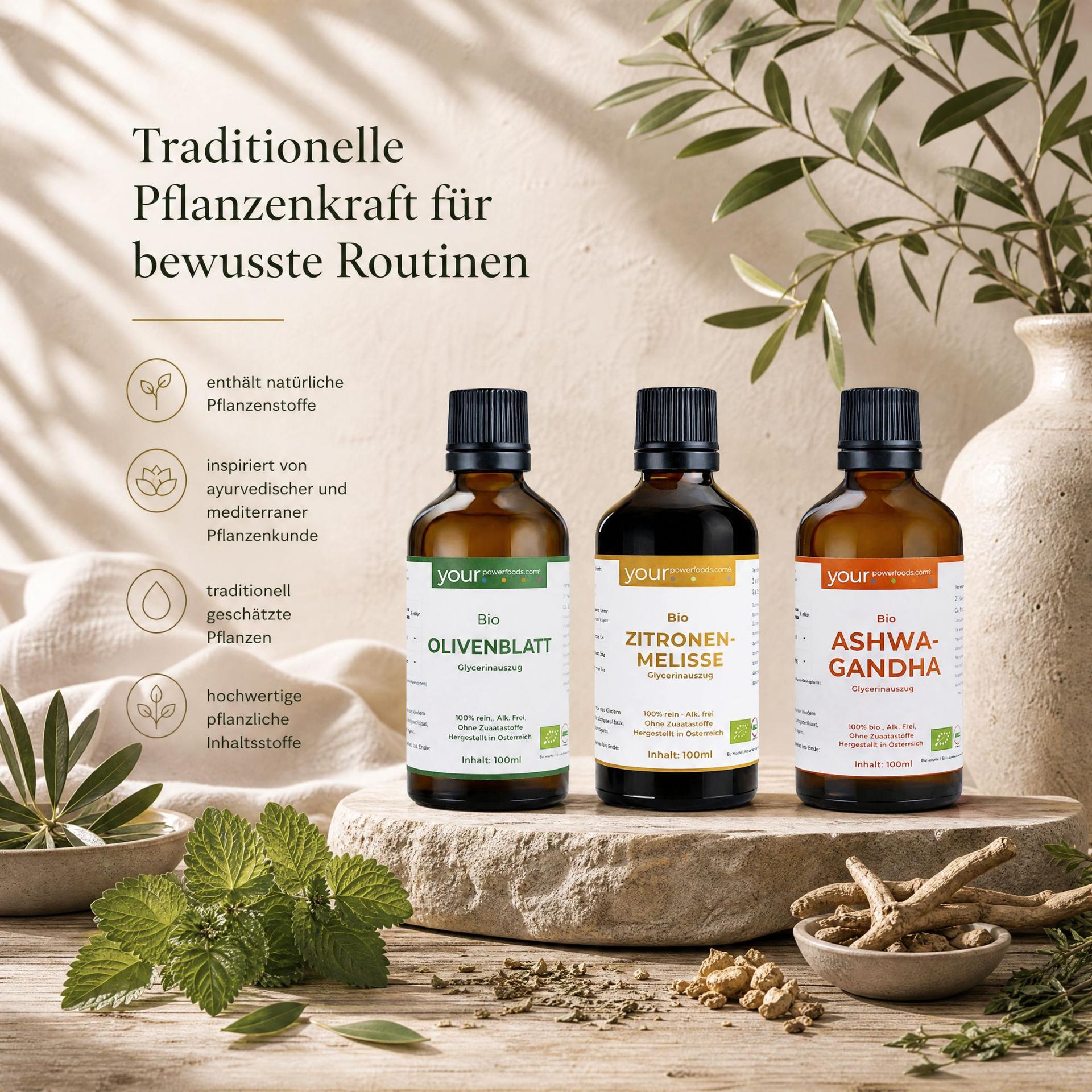 Pflanzliche Auszeit Bundle - Ashwagandha · Zitronenmelisse · Olivenblatt