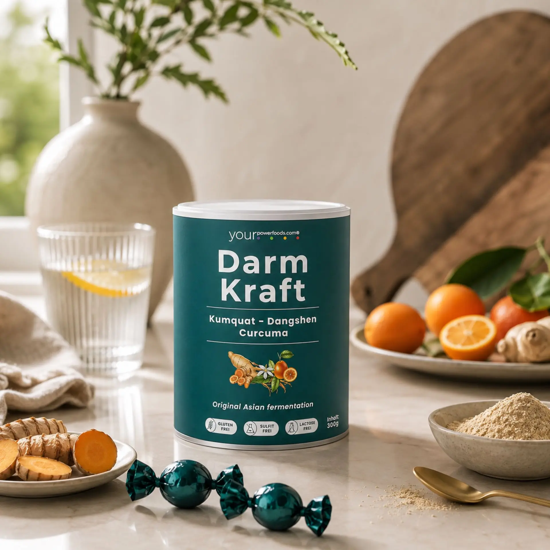 DarmKraft – Fermentierte Pflanzenkraft in grüner Dose, umgeben von Kurkuma, Orangen, Ingwer, Pulver und Wasser auf Marmorunte