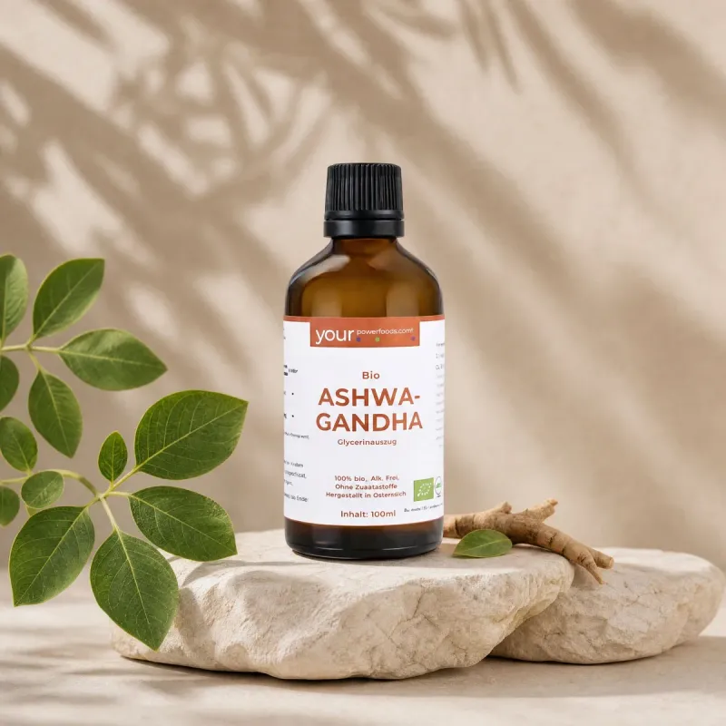 Organska biljna tinktura ashwagandhe bez alkohola u staklenoj bočici od 100 ml od YourPowerfoods