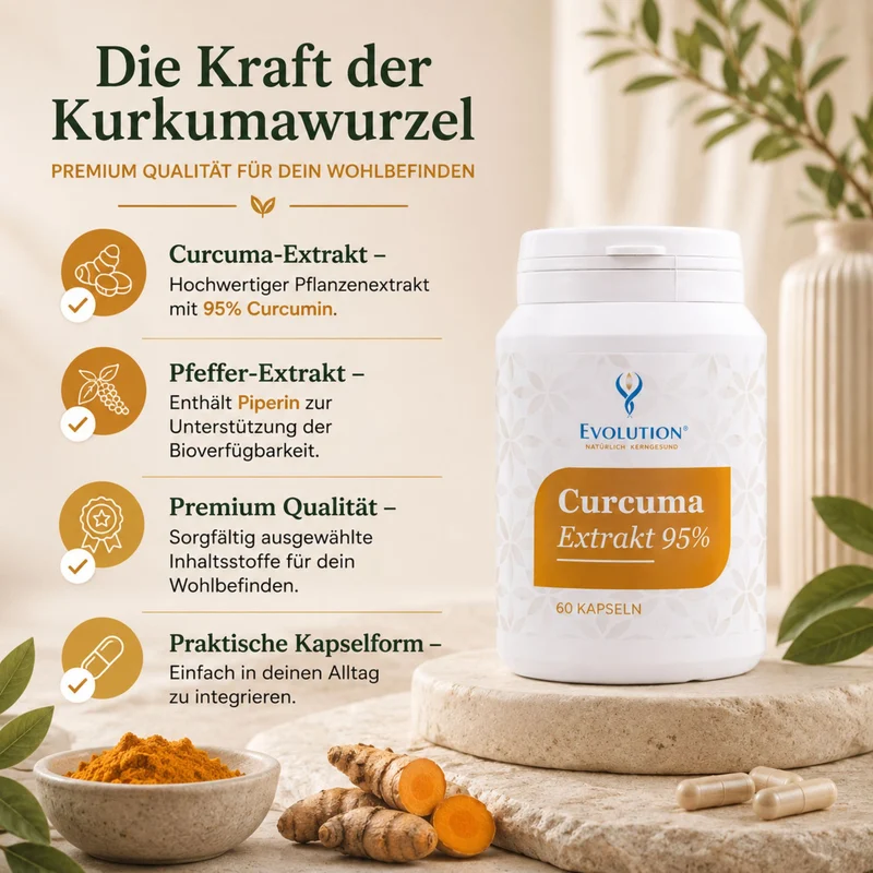 Curcuma 95% Kurkuma Premium kvaliteta 60 kapsula – infografika s četiri prednosti, pakiranje proizvoda, korijen i prah kurkume