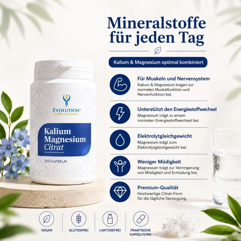 Kalium Magnezij Citrat 100 kapsula – infografika s bijelom bočicom, biljnom dekoracijom i hrvatskim natuknicama o prednostima mineralnih tvari