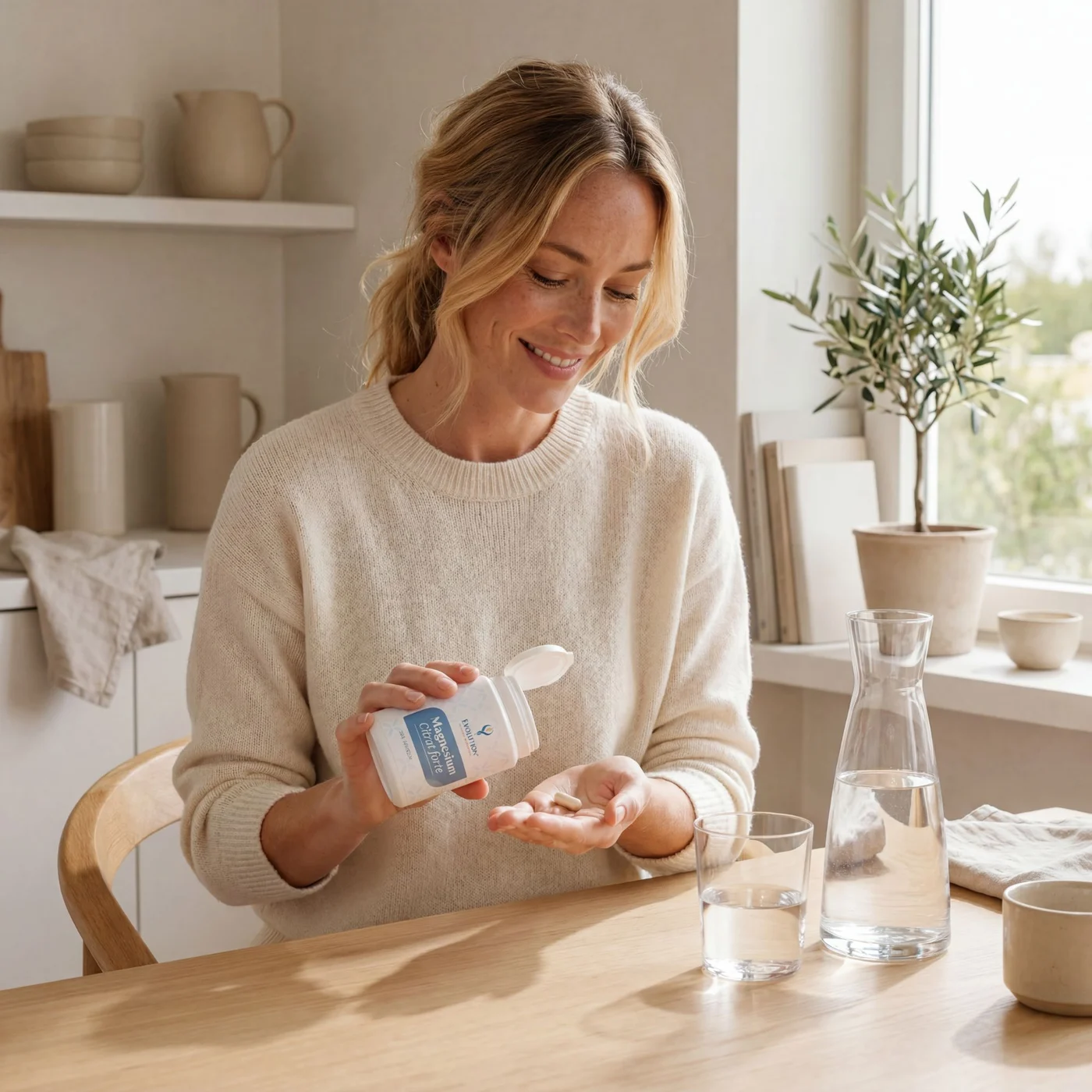 Magnesium Citrat forte, 100 Kapseln – Frau schuettet Kapseln aus weisser Dose in ihre Hand, Glas Wasser auf hellem Holztisch