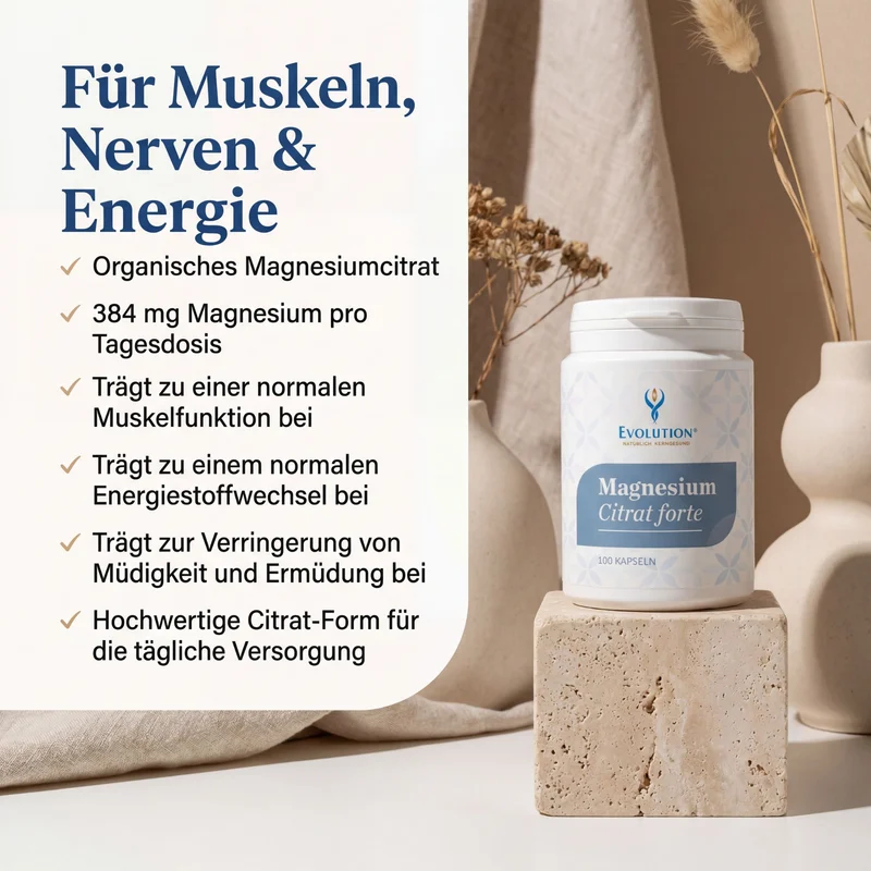 Magnesium Citrat forte 100 Kapseln – Infografik mit weißer Dose auf Steinblock und sechs Stichpunkten zu Muskeln, Nerven und