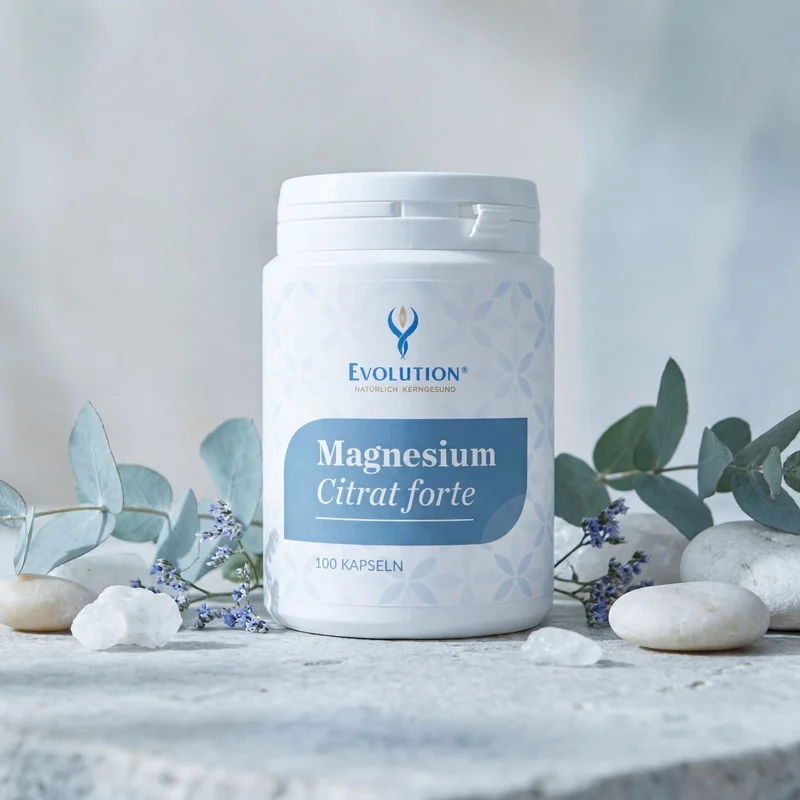 Magnesium Citrat forte, 100 Kapseln – weiße Dose frontal in Lifestyle-Szene mit Steinen, Eukalyptus und Lavendel