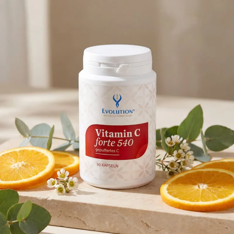 Vitamin C forte 540, gepuffertes C, 90 Kapseln – weiße Dose frontal in Lifestyle-Szene mit Orangenscheiben und Blüten