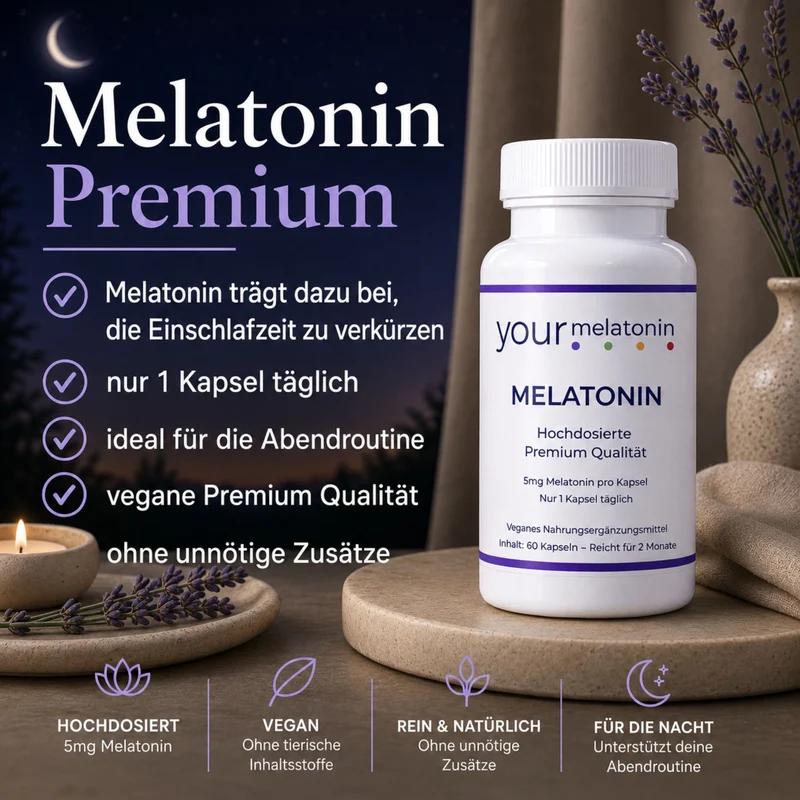 Melatonin 5mg visoke doze – infografika s bijelom kutijom, točkama o doziranju i kvaliteti, simboli dolje, noćna pozadina