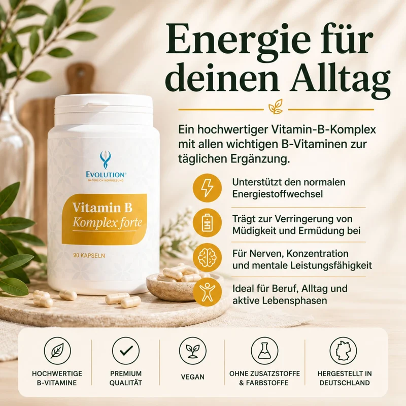 Vitamin B kompleks forte 90 kapsula – infografika s pakiranjem proizvoda, kapsulama i točkama na hrvatskom o svojstvima poput vegan