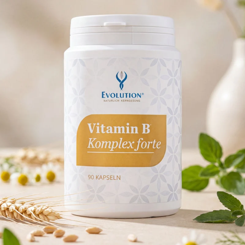 Vitamin B Kompleks forte, 90 kapsula – bijela kutija u lifestyle sceni s pšeničnim klasovima, cvjetovima kamilice i grančicama metvice
