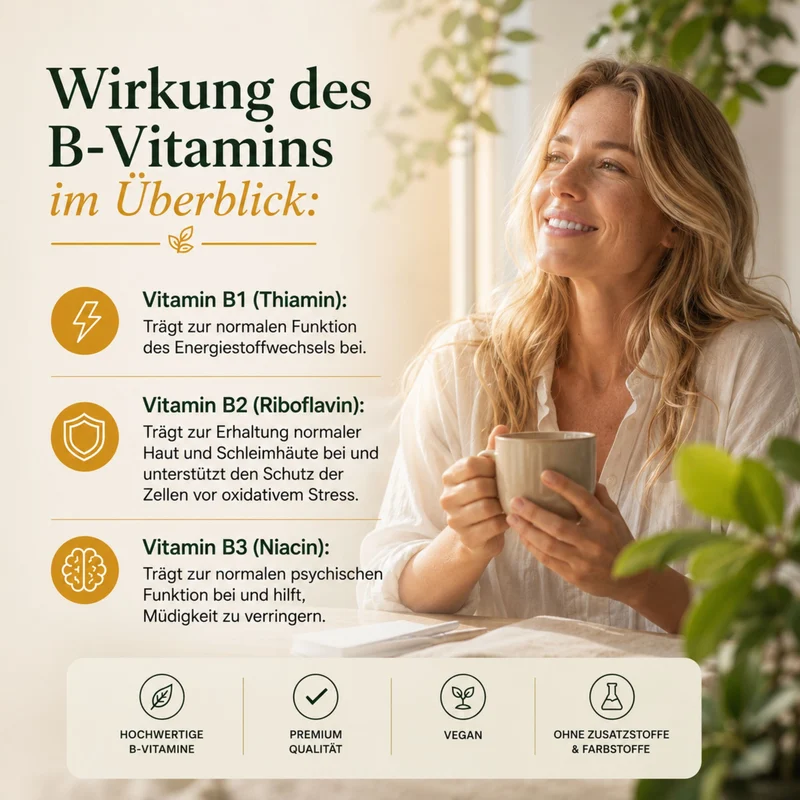 Vitamin B Kompleks forte, 90 kapsula – Infografika s nasmiješenom ženom i tekstovima o vitaminu B1, B2 i B3 na svjetloj pozadini