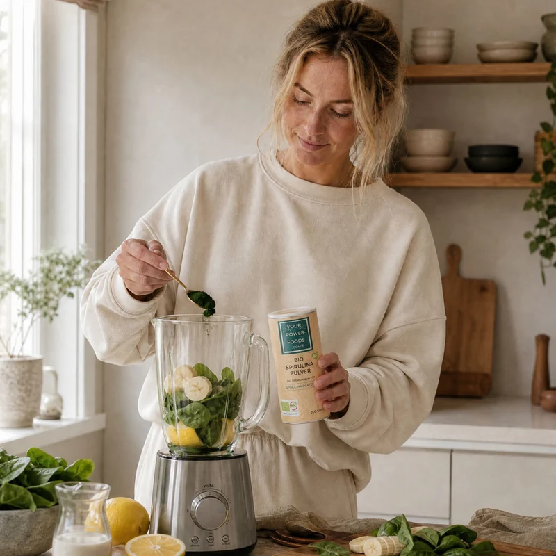 Organski Spirulina Prah Premium Kvalitete 200g žena žličicu dodaje u blender sa špinatom, bananom i limunom