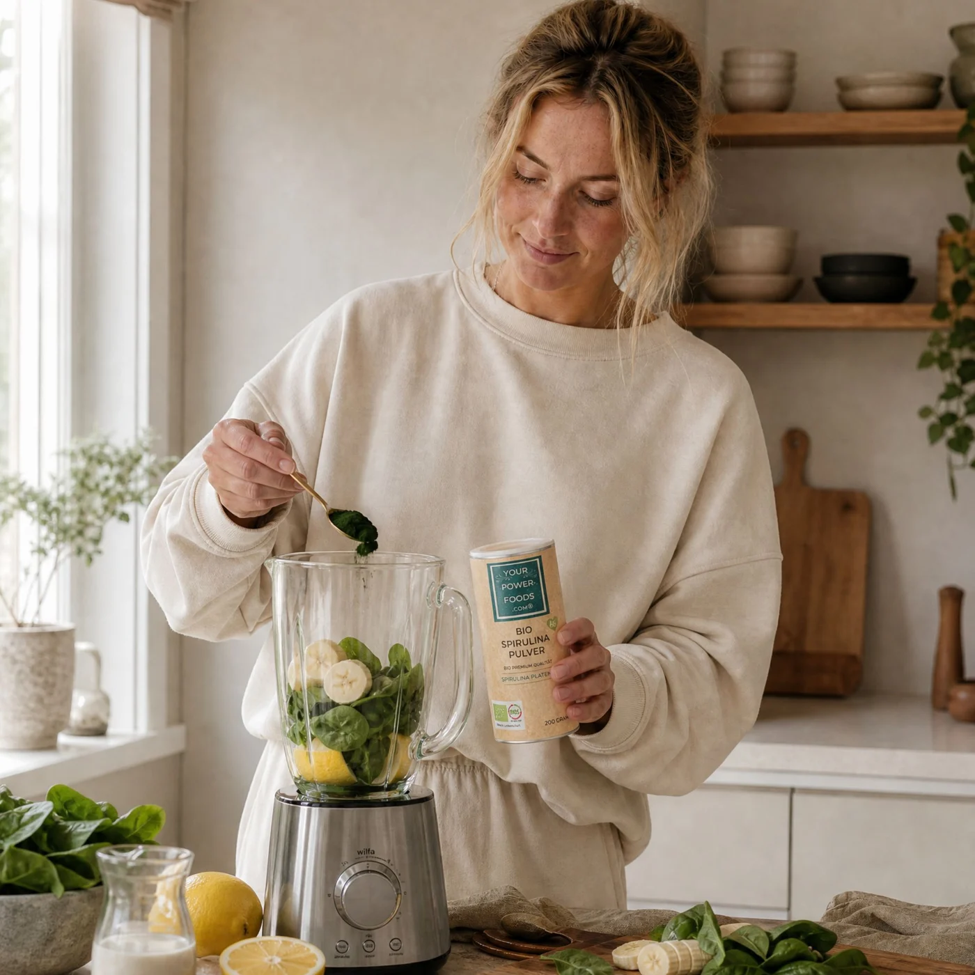 Organski Spirulina Prah Premium Kvalitete 200g žena žličicu dodaje u blender sa špinatom, bananom i limunom