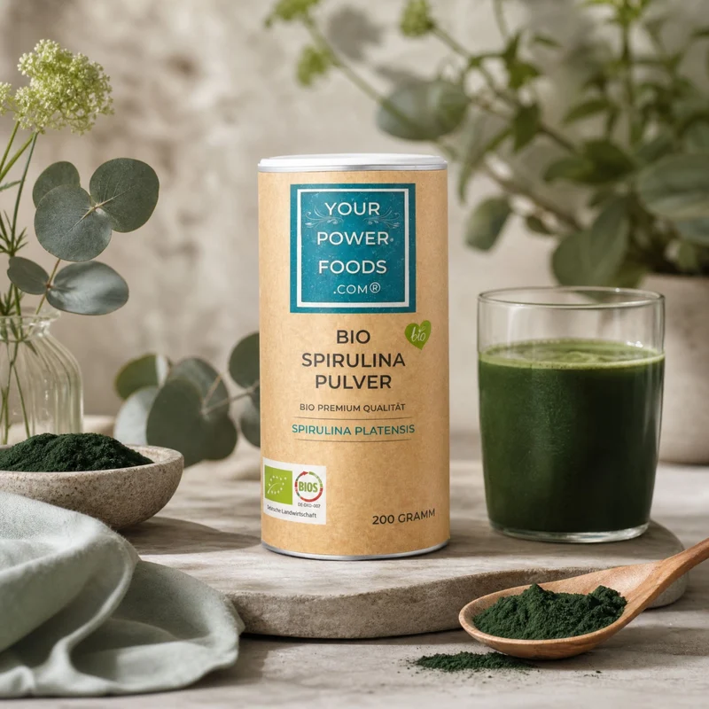 Organski spirulina prah, premium kvalitete, 200 g u kutiji od kraft papira, uz zeleni napitak u čaši i prah na drvenoj žlici