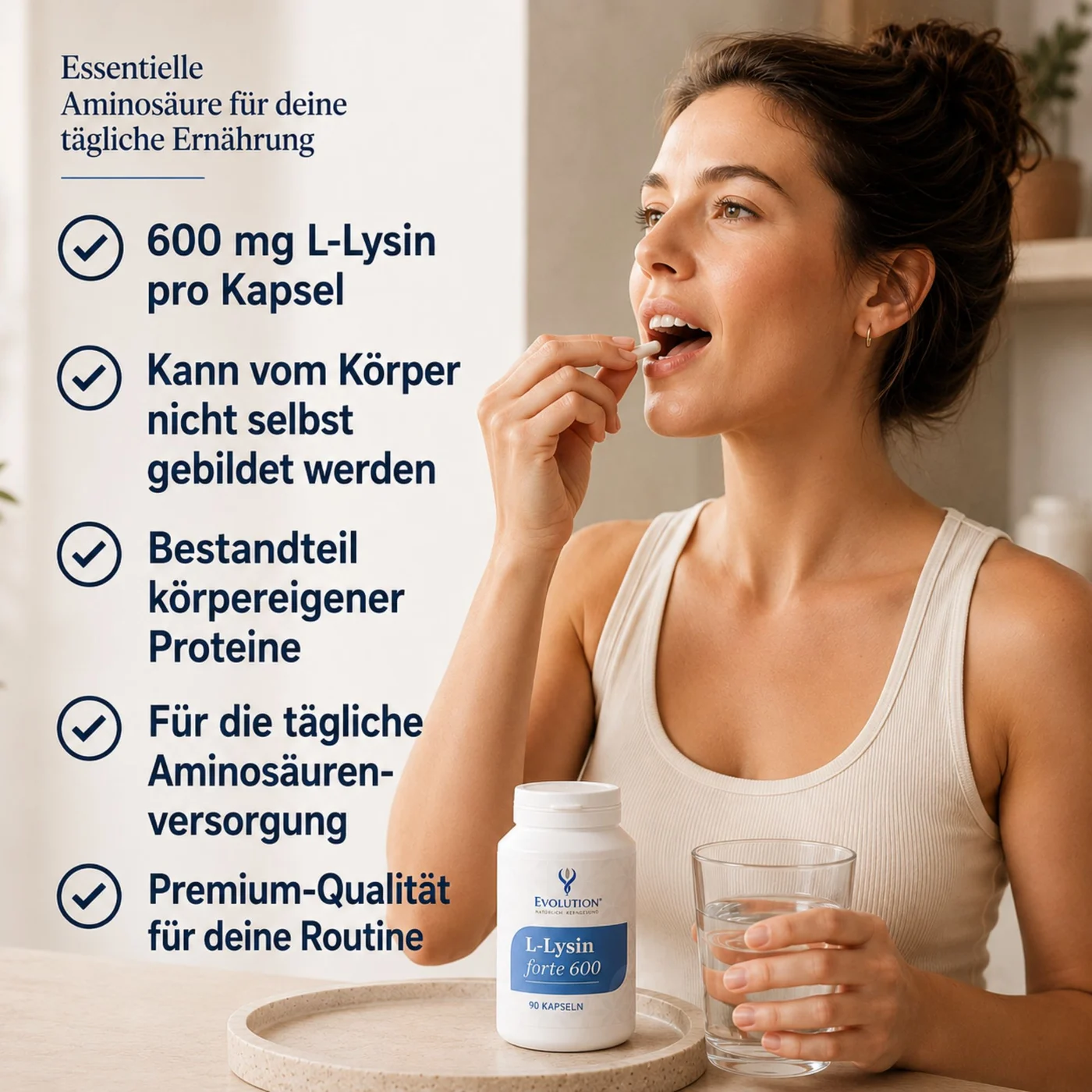 L-Lizin forte 600, 90 kapsula – Lifestyle scena: žena uzima kapsulu, pakiranje proizvoda i čaša vode, natuknice o sastojcima