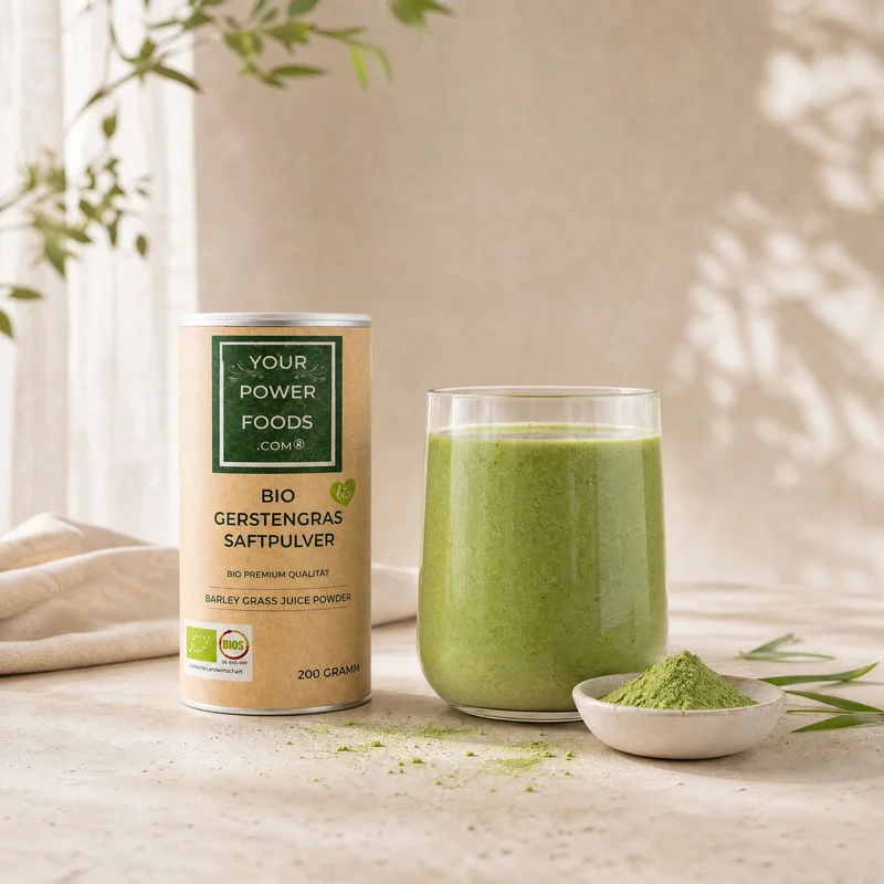 YourPowerFoods trio – organska spirulina, dulse, pahuljice i ječmena trava u setu: kutija s čašom zelenog smoothieja i zdjelicom praška