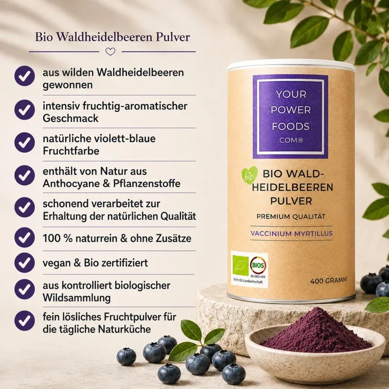 Organski prah od šumskih borovnica, vrhunska kvaliteta, 400 g – infografika s 9 prednosti proizvoda, kutija, svježe borovnice i ljubičasti prah