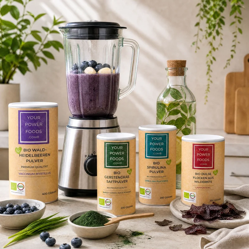 Heavy Metal Detox POWERFOOD Set HMDS – vier Produktdosen neben einem Mixer mit Blaubeer-Smoothie, Zutaten und Pflanzen