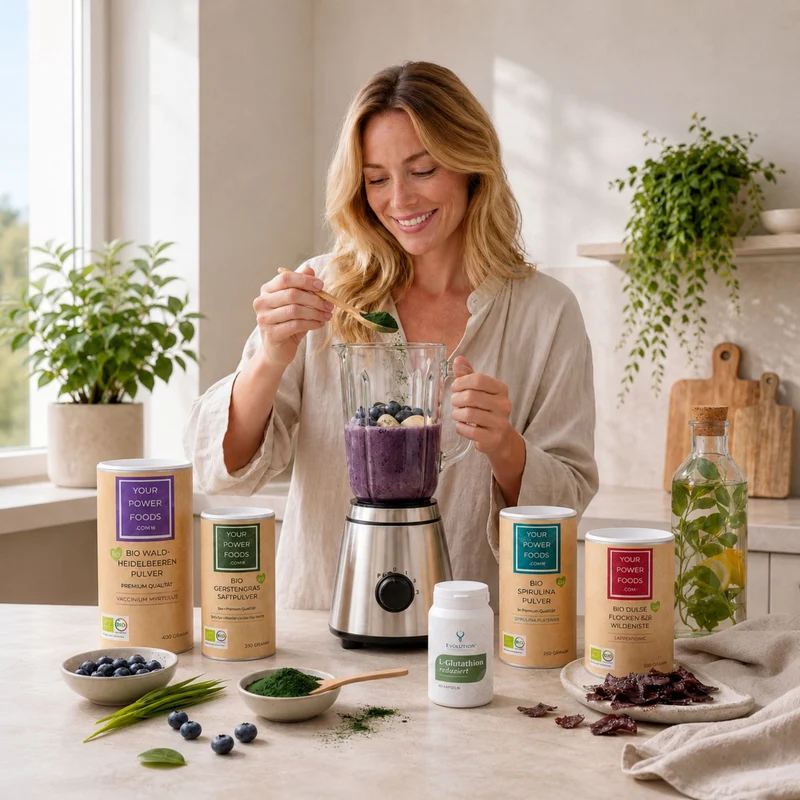 L-Glutathion reduziert 60 Kapseln – kleine weiße Dose im Vordergrund, umgeben von Superfoods, Blender und Zutaten in Lifestyl