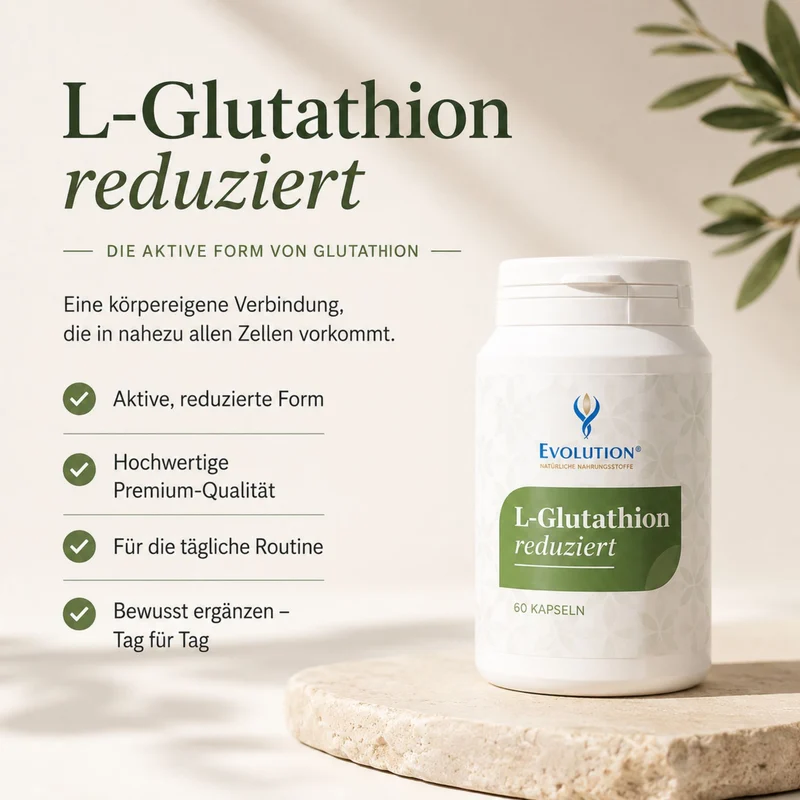 L-Glutathion reduziert 60 Kapseln – Infografik mit weißer Dose und vier grünen Stichpunkten zur aktiven, reduzierten Form