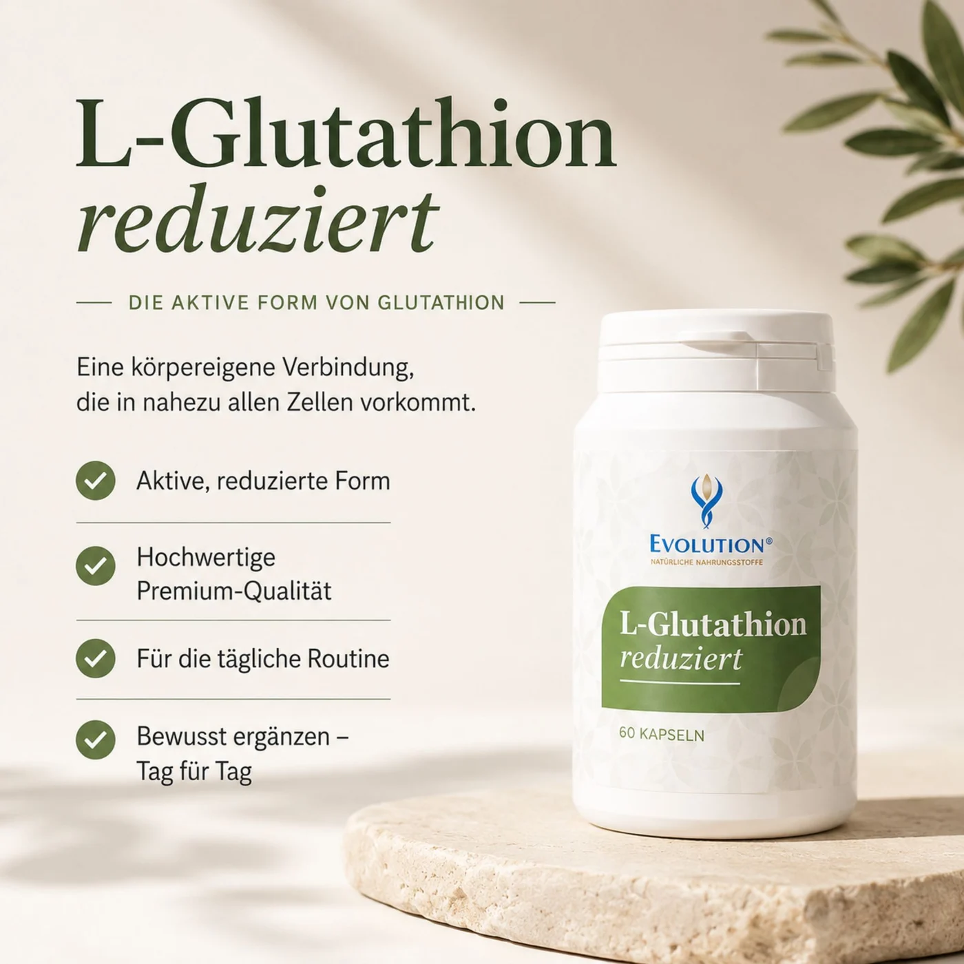 L-Glutathion reduziert 60 Kapseln – Infografik mit weißer Dose und vier grünen Stichpunkten zur aktiven, reduzierten Form
