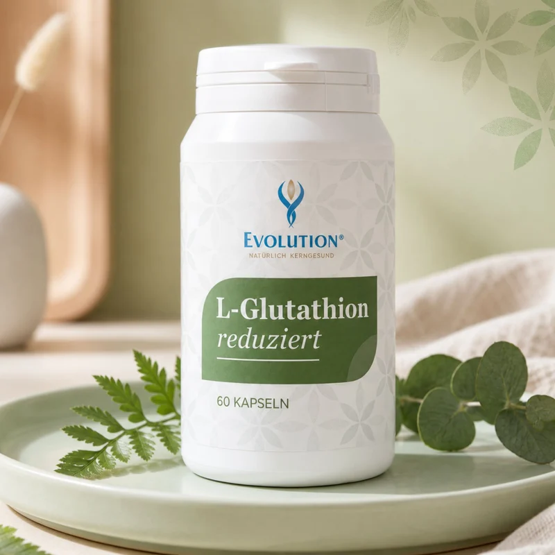 L-Glutathion reduziert 60 Kapseln – weiße Produktdose frontal auf hellgrünem Teller, umgeben von frischen Grünpflanzen