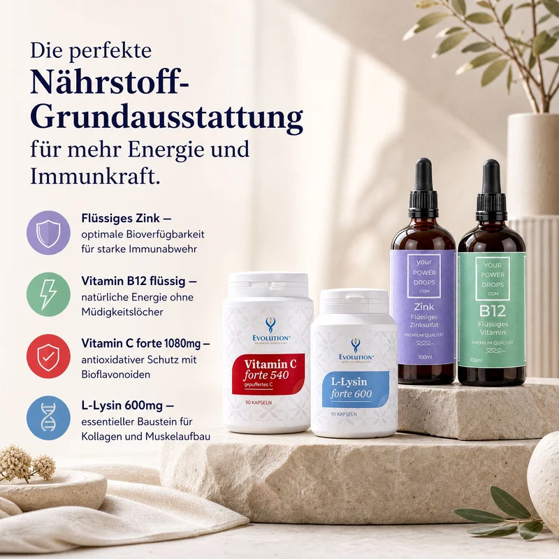 Starterset Vrhunska kvaliteta Tekući cink + Vitamin B12, Vitamin C forte 540, L-Lisin forte 600 – Infografika s 4 proizvoda