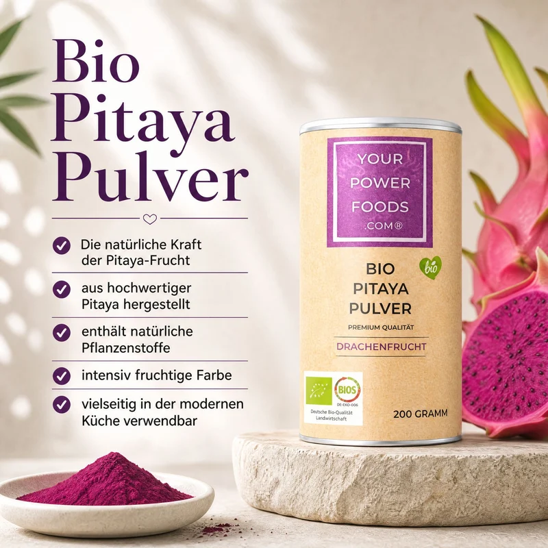 Pitaya Pulver Bio 200g infografika s limenkom proizvoda, ljubičastim prahom u zdjeli i svježom zmajskom voćkom s hrvatskim natuknicama