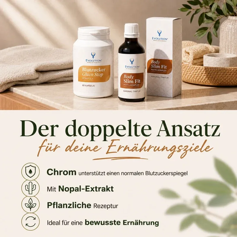 Body Slim Tinktura + Gluco Stop Kompleks – Mršavljenje na jednostavan način, set kao infografika s istaknutim točkama o kromu i Nopal-ekstraktu