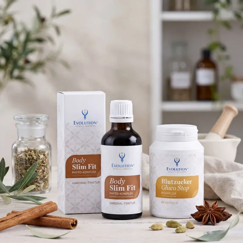 Body Slim Tinktura + Gluco Stop Kompleks – Jednostavno mršavljenje, Set: bočica, kutija i posuda na drvenom stolu s cimetom i zvjezdicom