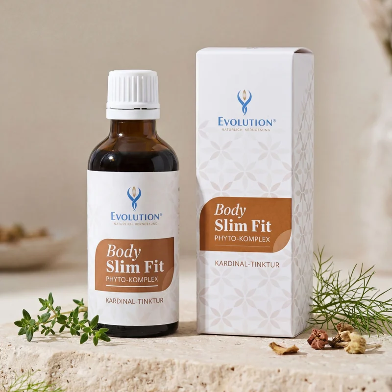 Body Slim Fit kapi - Kardinalna tinktura, 50 ml – smeđa bočica s kapaljkom i bijela pakirna kutija na prirodnom kamenu, okružena